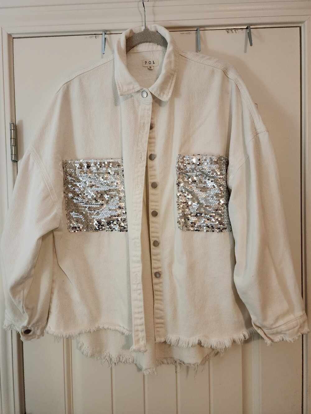 POL Ivory Denim Jacket Silver Sequin Trim Distressed Oversized Small Boho